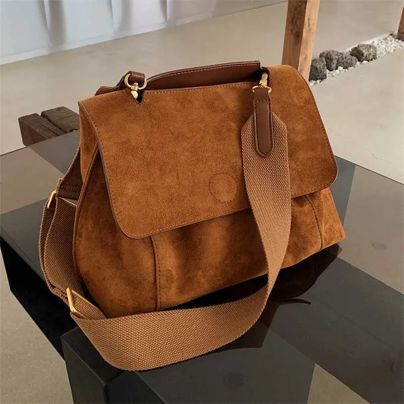 Nubuck PU Leather Flap Shoulder Bags For Women Vintage Wide Strap Crossbody Bag Large Capacity Women Designer Handbags Tote Bag 211026