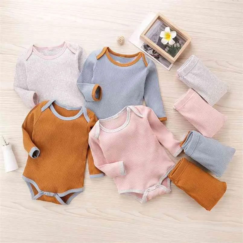 Otoño y primavera 2 unids bebé unisex casual conjuntos de bebé sólido algodón mameluco moda de manga larga ropa infantil trajes 210528