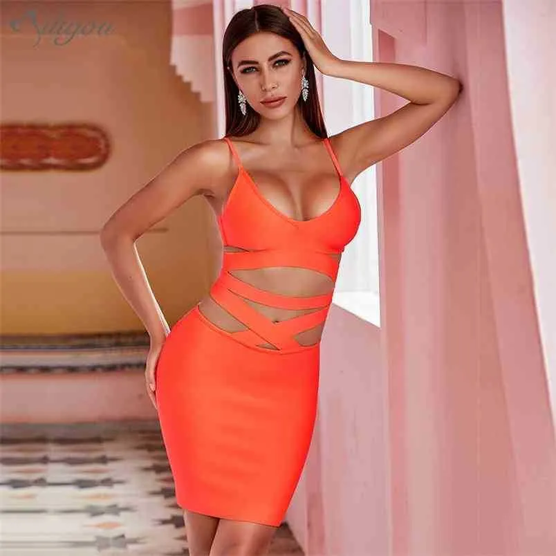 Ultima moda estiva Sexy scollo a V Hollow Orange Bodycon Women Bandage Dress Elegante Party Vestido 210525