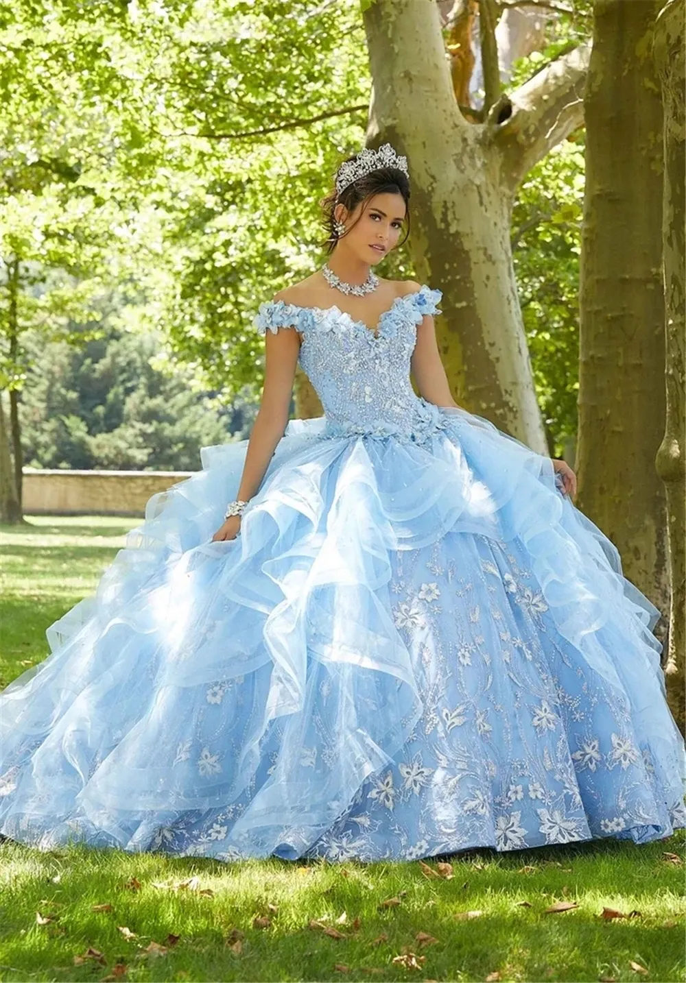 2022 Sky Blue Ballkleid Quinceanera Kleider Perlen Prinzessin Sweet 15 Kleid mit 3D-Blumen Partykleider Vestidos De 16 XV A￱os