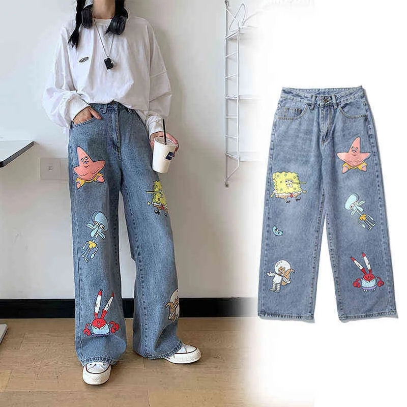 Jean Femme Baggy Jeans Broek Cartoon Print Broeken Mode Harajuku Hip-Hop Streetwear Losse Casual Vrouw Hoge Taille 211129