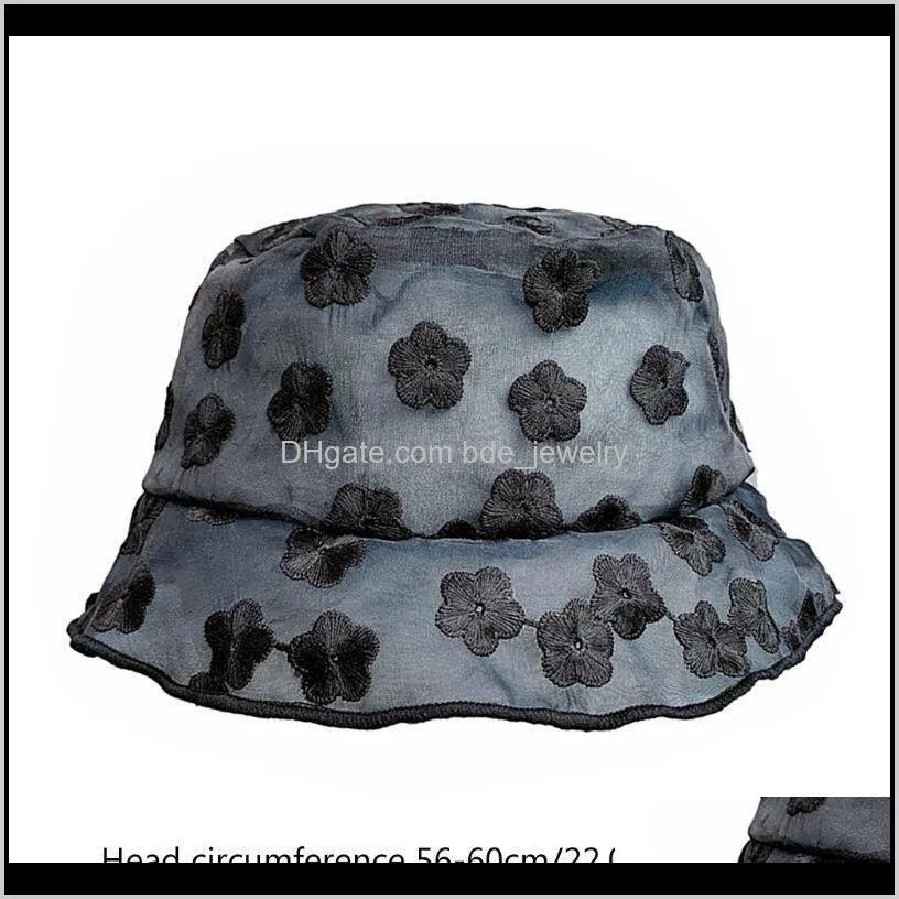 women sheer lace bucket hat floral embroidery ruffle edge foldable fisherman cap 2xpd
