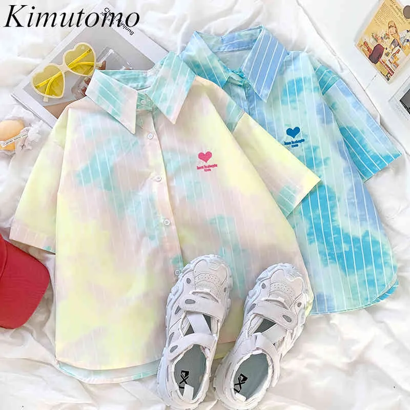 Kimutomo Tie Dye Cuore Ricamo Camicetta Estate Donna Colletto rovesciato Manica corta Camicia petto Donna Chic Top 210521