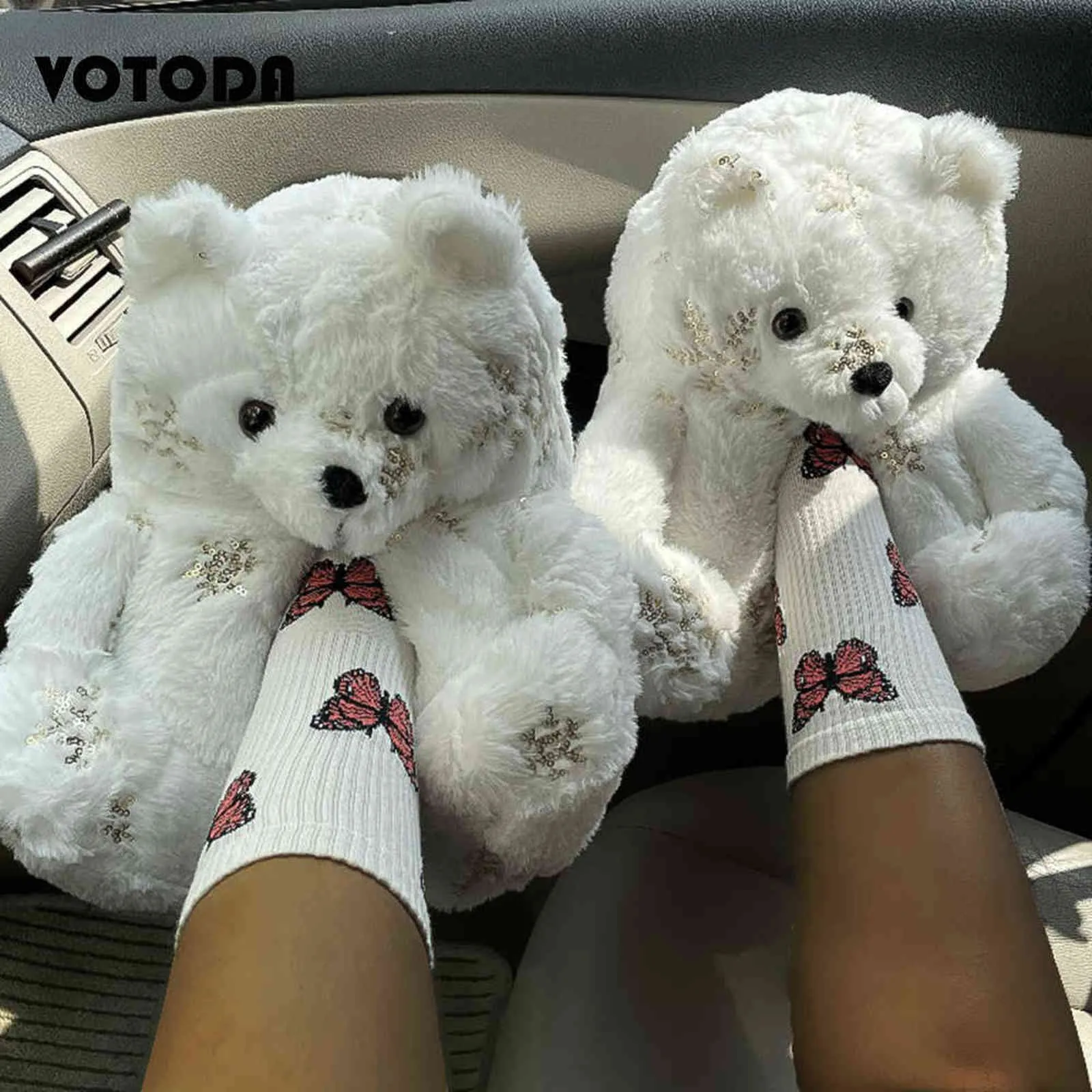 Nouveau Teddy Bear Pantoufles Femmes Bling Sequin En Peluche Diapositives Noël Furry Pantoufles Fille Dessin Animé Ours Diapositives Hiver Chaud Maison Chaussures H1122