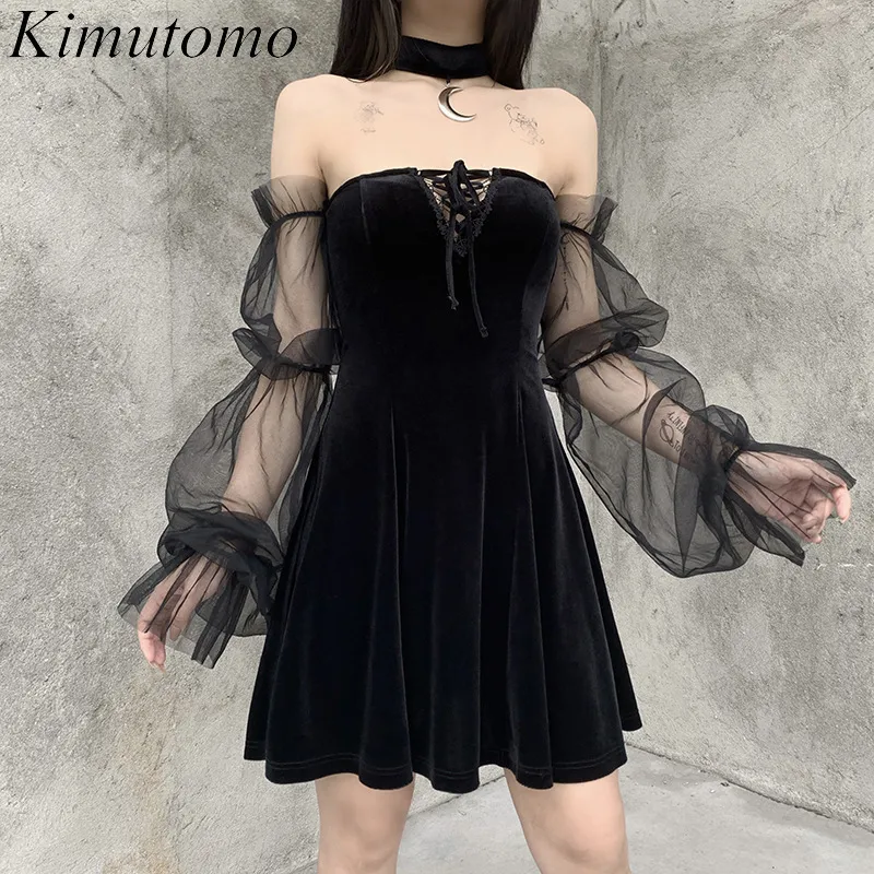 Kimutomo Kvinnor Gotisk Sexig Klänning Vintage Off Axel Lanters Sleeve Mesh Patchwork Velvet Dark Street Black Mini Dress 210521