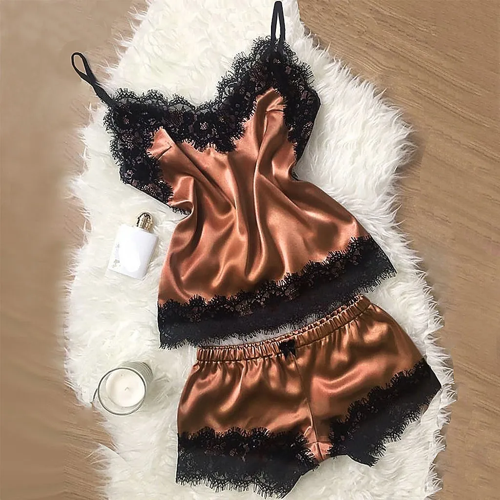 Sexy Satin Black Lace V Neck Pajama Set With Cute Cami Top And