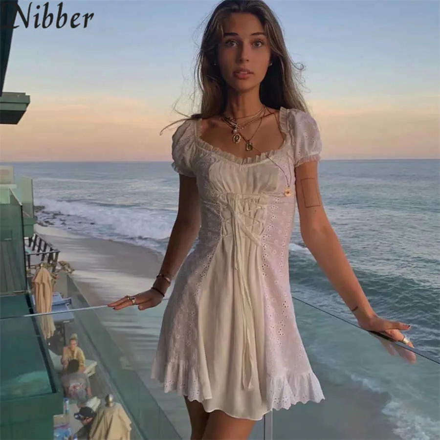 Nibber French Elegance Palace Style Woman Wooden Lace Hook Flower Hollow Waist Thinner Mini Dress A-line Female Dresses Y0726
