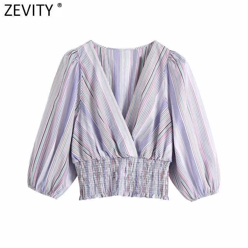 Zeefity vrouwen vintage cross v-hals kleurrijke gestreepte print korte slanke blouse vrouwelijke bladerdeeg mouw shirt chique chiffon tops LS9136 210603
