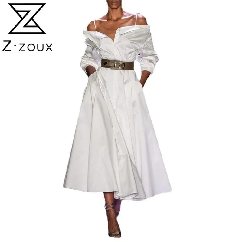 Femmes robe tempérament blanc Maxi es manches longues épaules dénudées simple boutonnage grande taille été es 210513