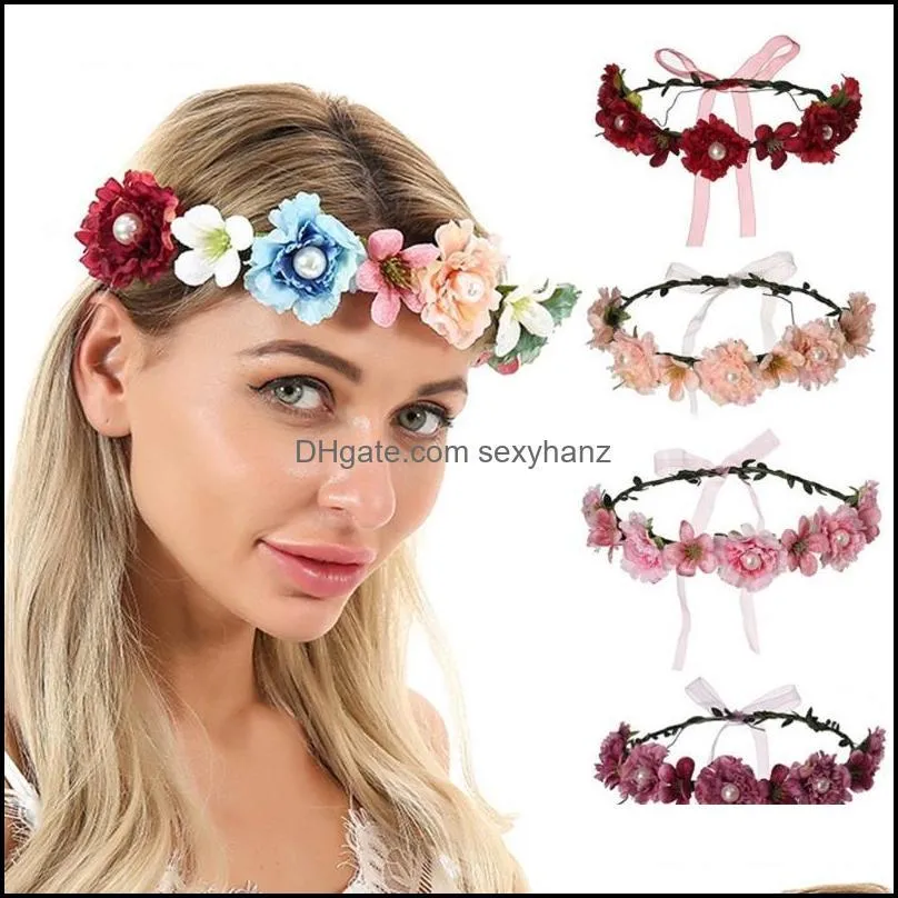 Smyckeshårklämmor Barrettes Justerbar handgjorda blommiga kronor Colorf Flower Wreath With Ribbon Garland Wedding Po Props Drop Delivery 2021