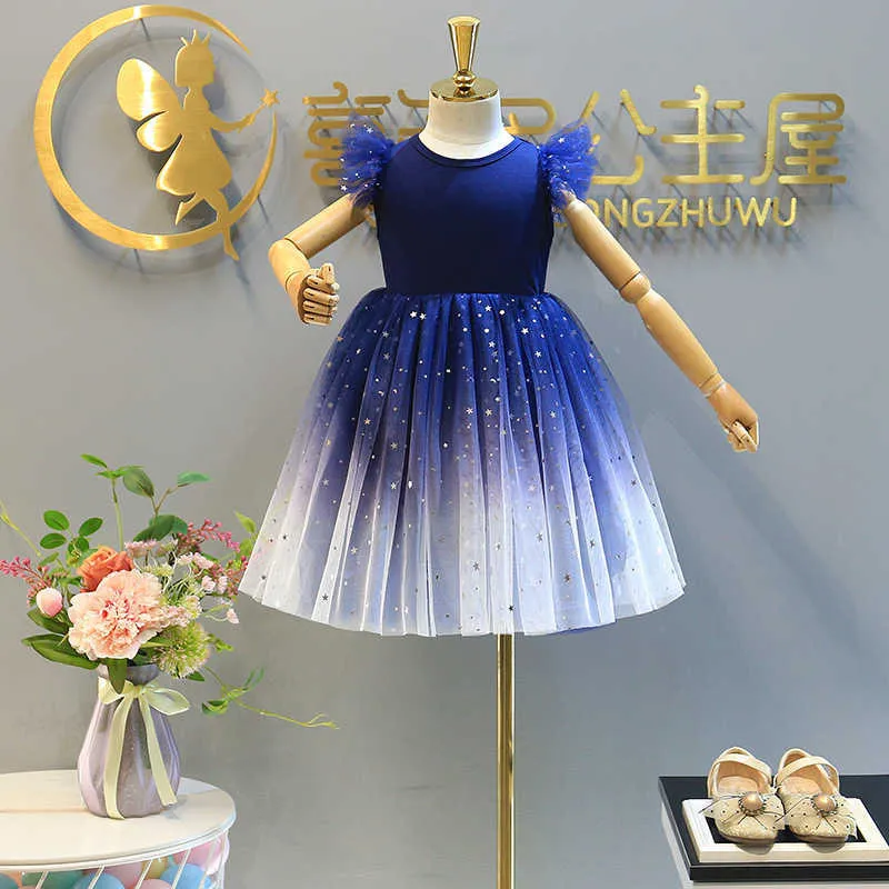 Filles Navy Paillettes Stars Robe pour enfants Tutu Princesse Robe Vêtements Tenue Petit 2-6 ans 210529