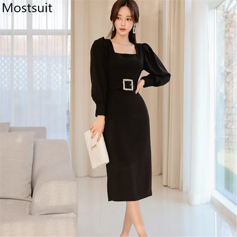 Primavera negro coreano elegante fiesta midi vestido con cinturón mujeres manga larga cuello cuadrado moda oficina mujer lápiz vestido 210518
