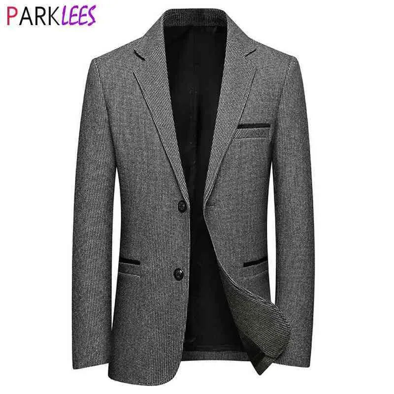 Men's Gray Houndstooth Terno Traficante Terno Casaco Luxo 2 Botão Notched Lapel Blazers Homens Negócios Formal Cavalheiro Tweed Blazer Hombre 210522