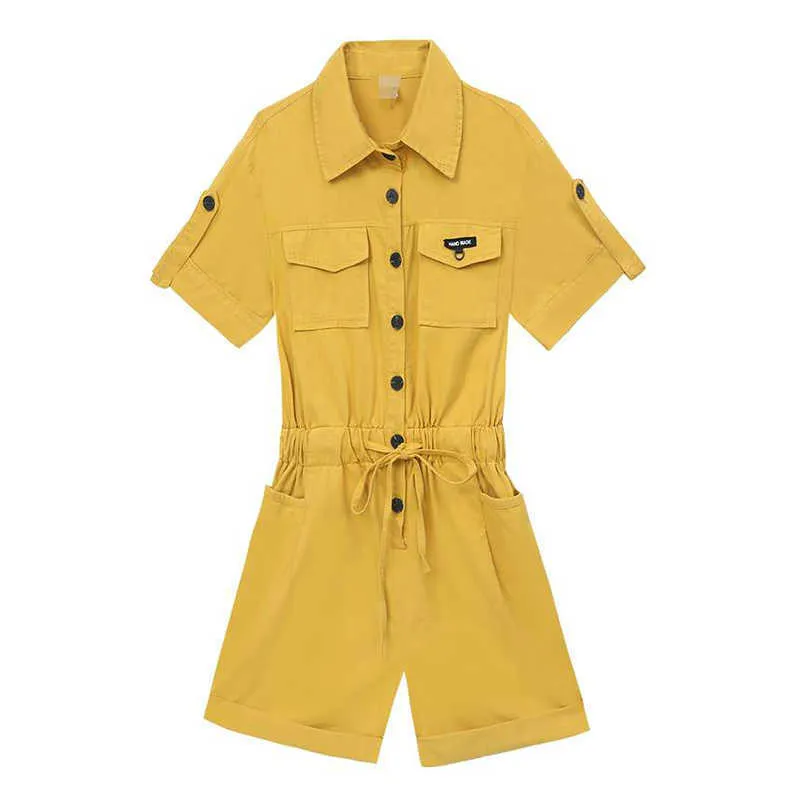 PERHAPS U Women Yellow Light Green Apricot Solid Rompers Short Sleeve Turn Down Collar Empire Rompers J0127 210529