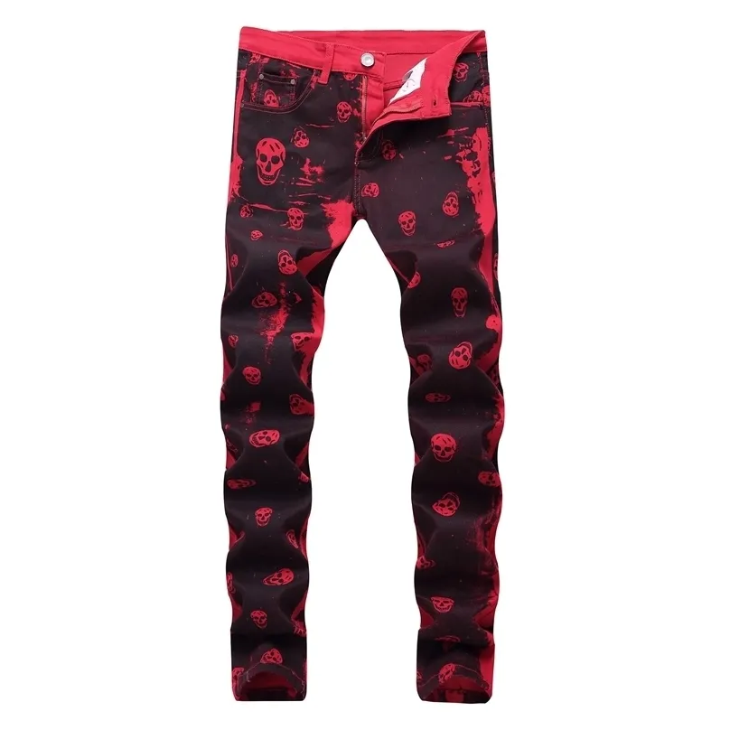 Herfst heren mode skelet skull printed night club persoonlijkheid jeans mannelijke slim fit rode denim broek lange broek, 9001 210716