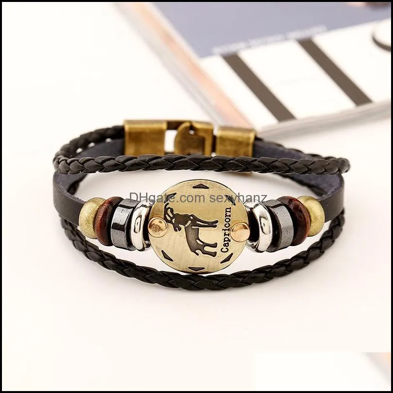 Vintage Genuine Leather Twelve constellation cowhide bracelet simple multi-layer retro woven couple leather bracelet bracelet