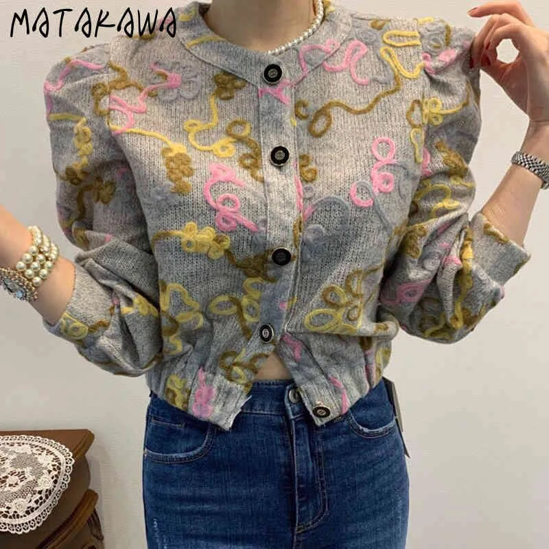 MATAKAWA Korea Autumn Retro Round Neck Woman Sweaters Single-breasted Sweater Heavy Flower Waist Short Puff Sleeve Cardigan 210513