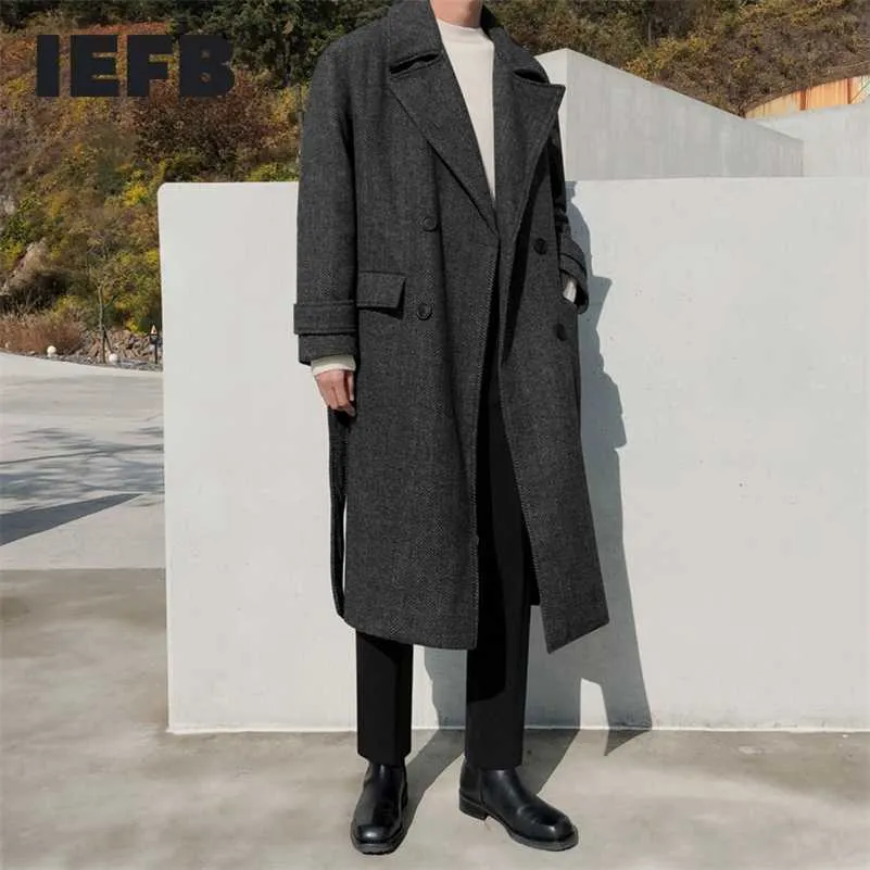 IEFB MRCYC Winter Zware wollen overjas Heren Koreaanse versie Knielengte Windjack Losse Herringbone Jas Mode 9Y4487 211122