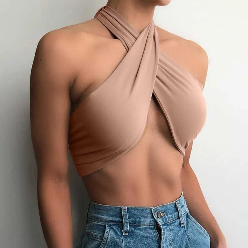 GökkuşağıWaves Seksi Bandaj Halter Kırpma Tops Kadınlar için Kolsuz Backless Kulübü Parti Chic Wrap Kırpılmış Üst Y0622