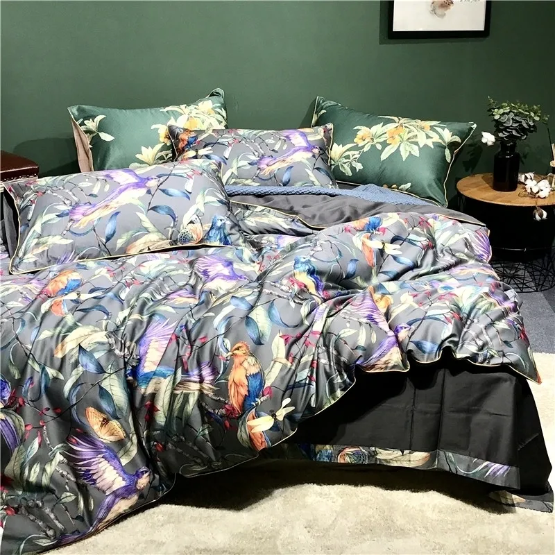 600TC Egipcio Cotton Flower Bird Impresión digital Conjuntos de ropa de cama 4 unids Ropa de cama Cubierta de la cama Conjunto de tapa de cama de lujo Hojas de cama Pillowcases #s 210319