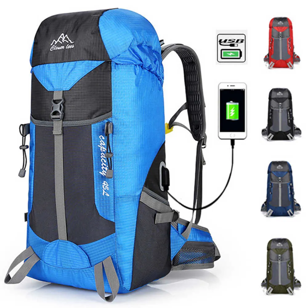 Ny 45L Utomhus Ryggsäck Camping Klättring USB Laddningsgränssnitt Ryggsäck Vattentät Bergsklättring Vandring Molle Sportväska Q0721