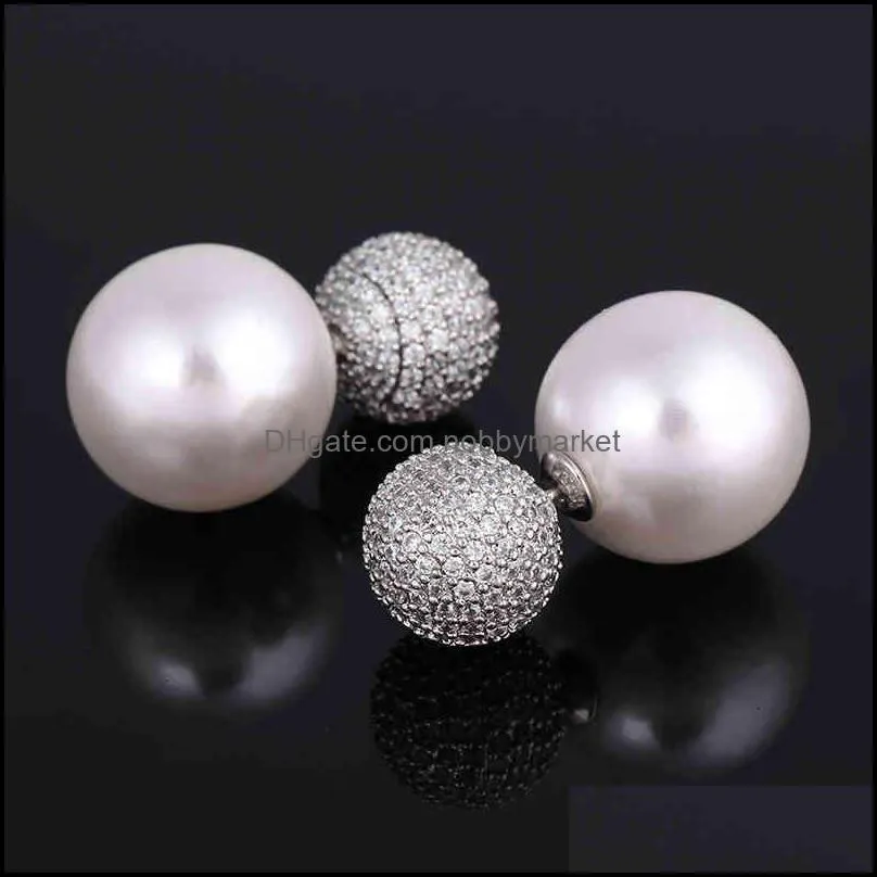 XIUMEIYIZU Luxury 15mm Simulated Pearl Bubble Earring Full Prong Cubic Zirconia Reversible Double Ball Rhodium Stud Earrings 210323