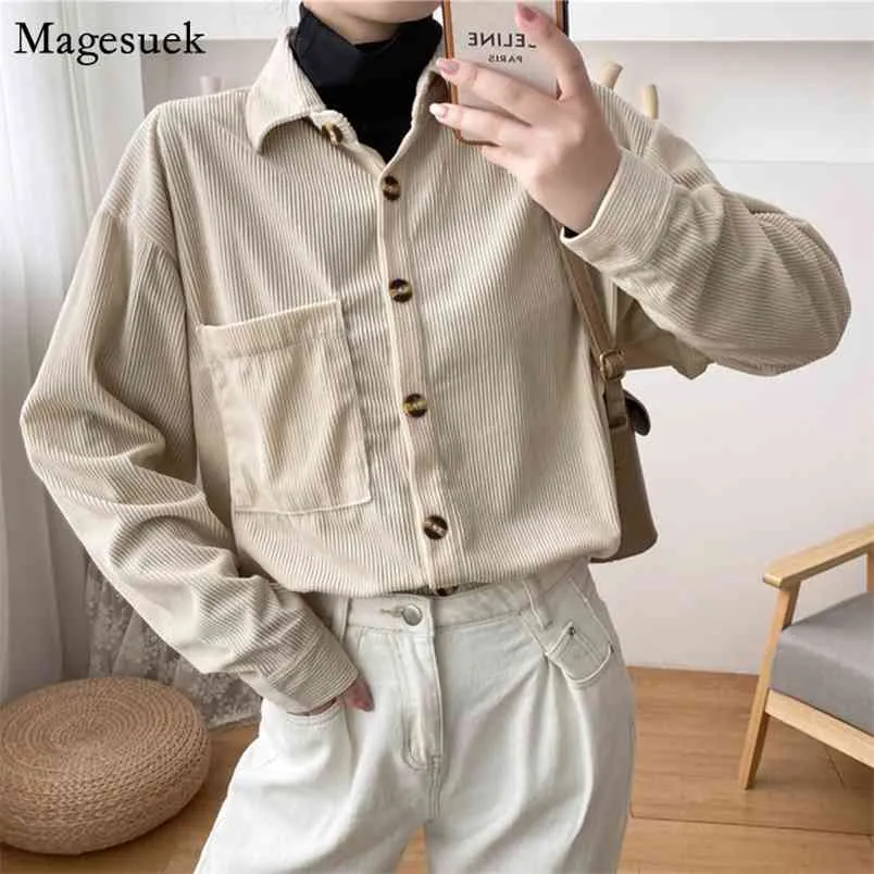 Autumn Fashion Corduroy Women Shirt Korean Winter Vintage Blouse Jacket Pocket Cotton Casual Womens Tops And Blouses 11880 210512