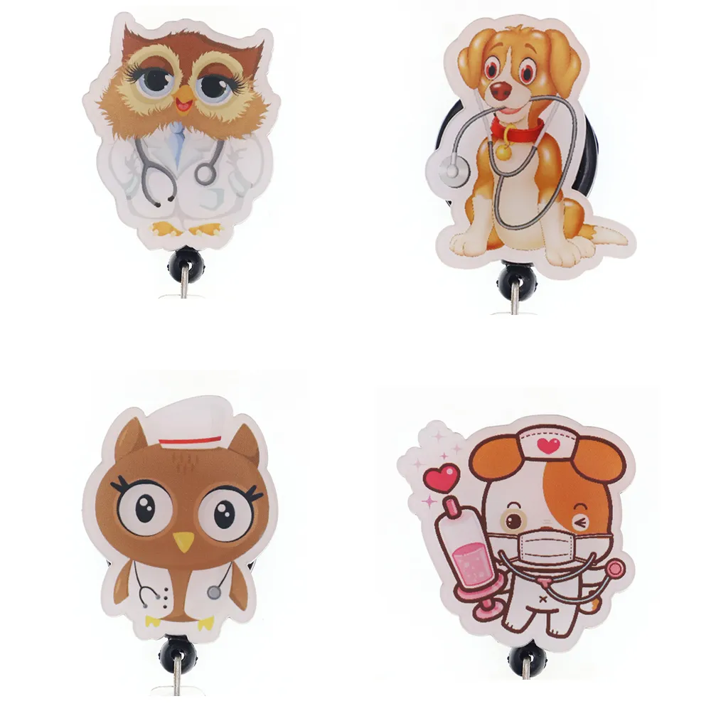 10 pcs/lot Fashion Key Rings Custom Owl Dog Animal Acrylic Retractable Medical Badge Holder Yoyo Pull Reel Doctors ID Name Card For Gift