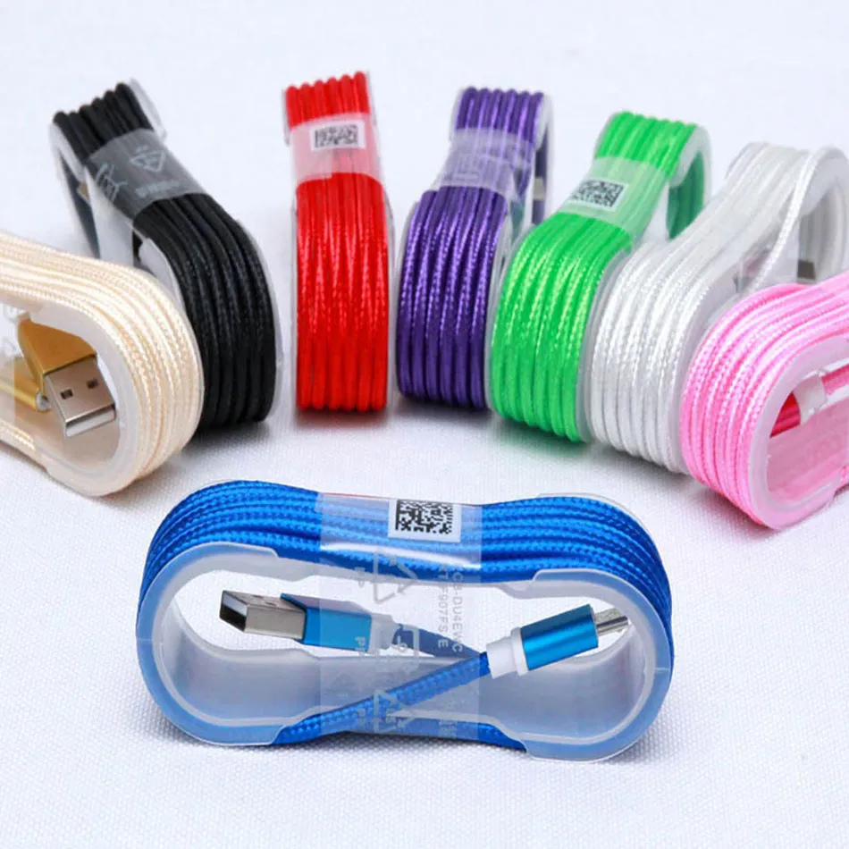 1.5m V8 Nylon gevlochten Micro USB-oplader Kabelgegevens Synchronisatie Kabels met Tape Bracke voor mobiele telefoon