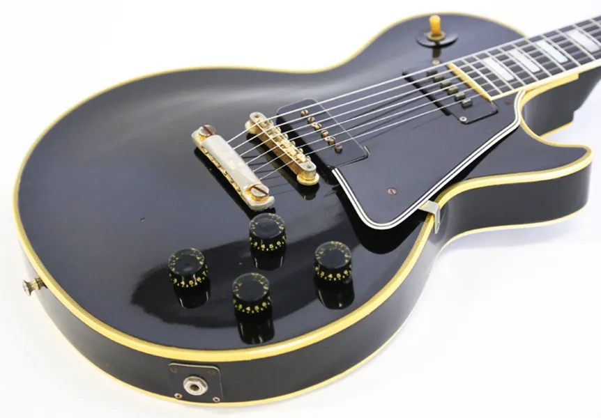 Benutzerdefinierte 1958 REISSE P90 Pickup Black Beauty E-Gitarre Ebony-Griffbrett, gelb 5-Schicht-Bindung, schwarzer Pickguard, weißer Pearl-Block Inlay