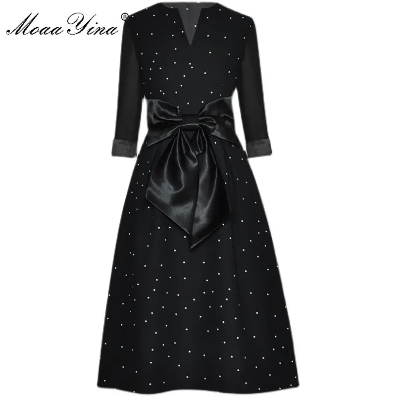 Robe de créateur de mode robe d'été pour femmes col en V points Bowknot robes noires 210524