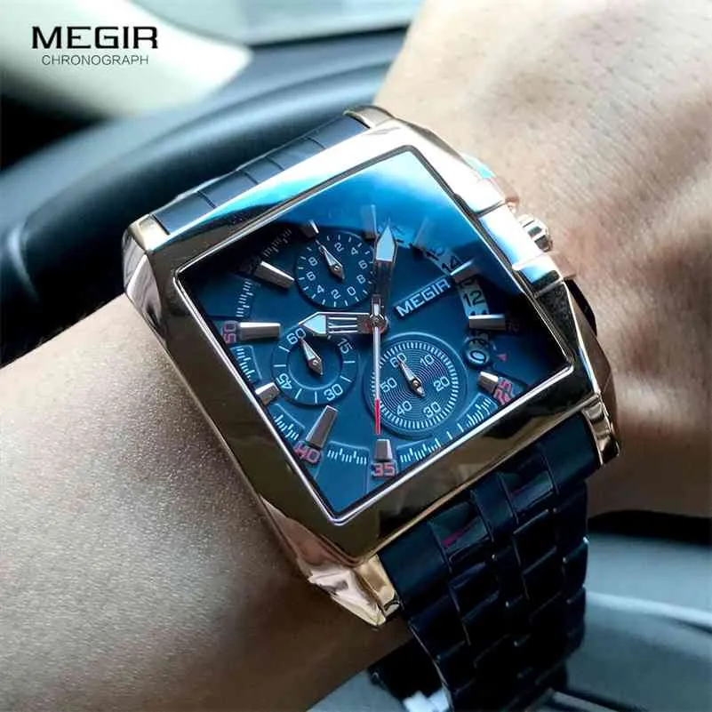 MEGIR orologi da uomo in acciaio inossidabile moda uomo lusso blu orologio da polso in oro rosa uomo impermeabile luminoso orologio sportivo militare 210329