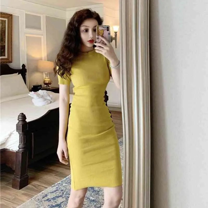 O-neck short sleeve color matching slim pack hip knit dress