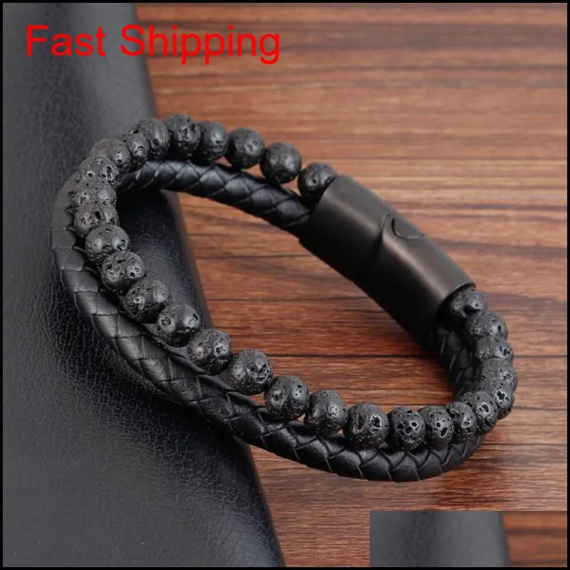 Men Beacelets Natural Volcano Stone Leather Magnetic-clasp Cowhide Braided Trendy Bracelet Armband Pulsera Ho qylVFo luckyhat