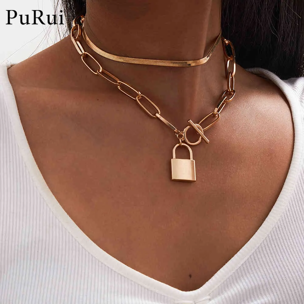 Purui Goth Lock Hängsmycke Halsband för kvinnor Paperclip Neckalce Snake Kedjor på Neck Choker Bijoux Kvinna Smycken