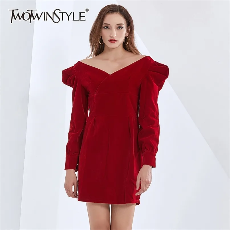 Abito primaverile rosso in velluto per donna Mini abiti con scollo a V manica lunga a vita alta Abbigliamento moda femminile Elegante 210520