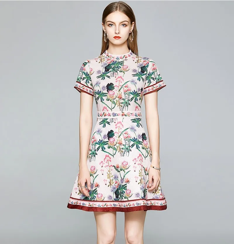 Летнее розовое сладкое платье женский стенд с коротким рукавом цветок печать элегантные короткие платья женские тонкие талии платье взлетно-посадочной полосы 210514