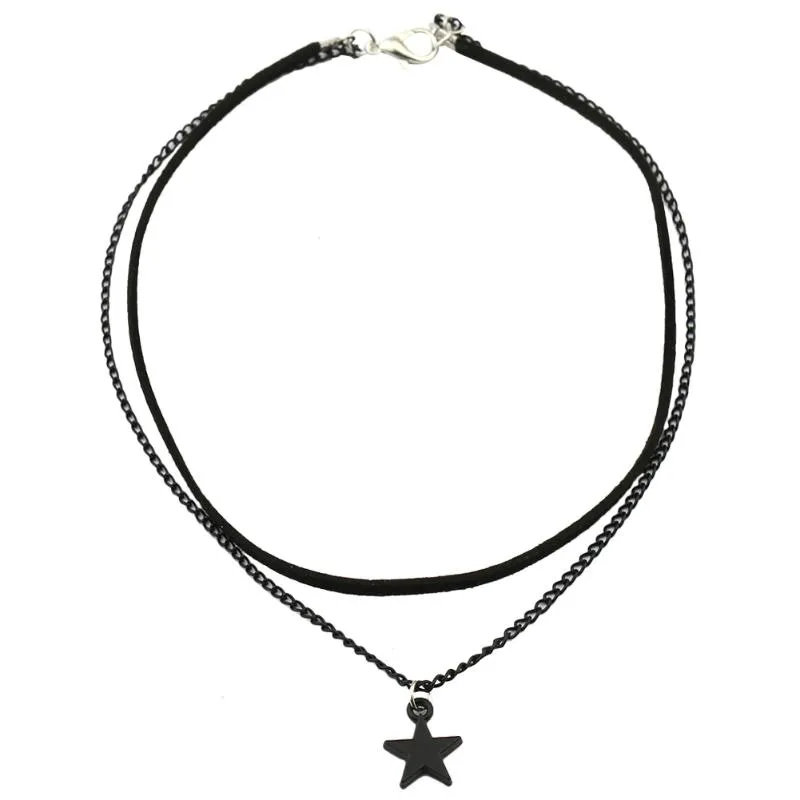 Colares pendentes Moda Moda de couro preto Vintage Retro Star Declaração Double Camada Cara Colar Chokers para Mulheres