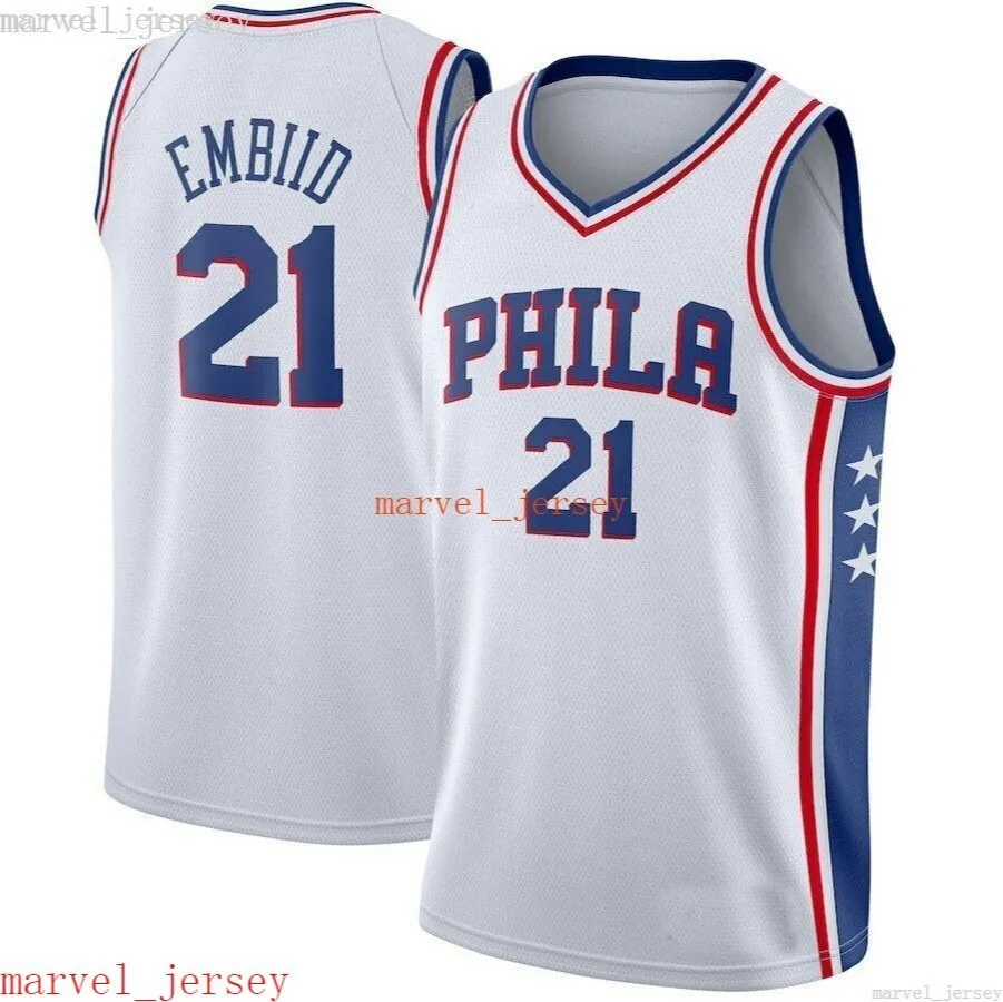 100% gestikte Joel Embiid # 21 heren basketbal jerseys wit blauw rood goedkope mannen vrouwen jeugd jersey xs-6xl