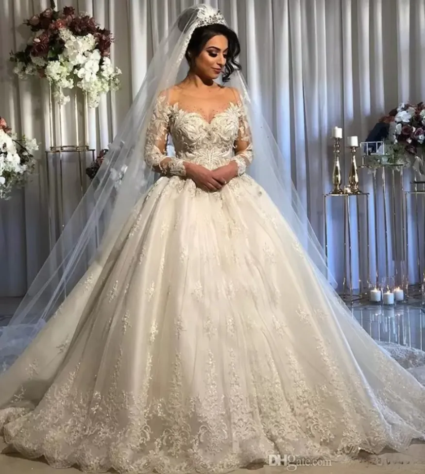 2024 Princess Lace Beaded Arabic Wedding Dress Sheer Neck Long Sleeve Tulle Bridal Gown A Line Vintage Sexy Thigh High Slit Ivory White From Dressave 158.54 DHgate.Com