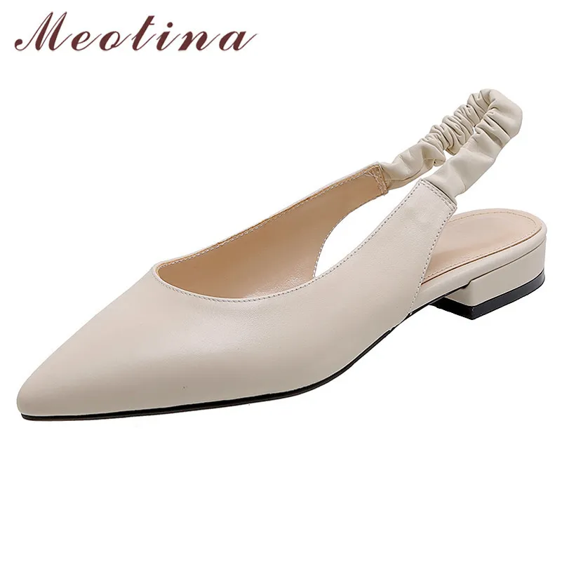 Meotina Women Slingbacks Shoes Natural Genuine Leather Low Heel Pumps Pointed Toe Shallow Footwear Thick Heels Dress Shoes 43 210520