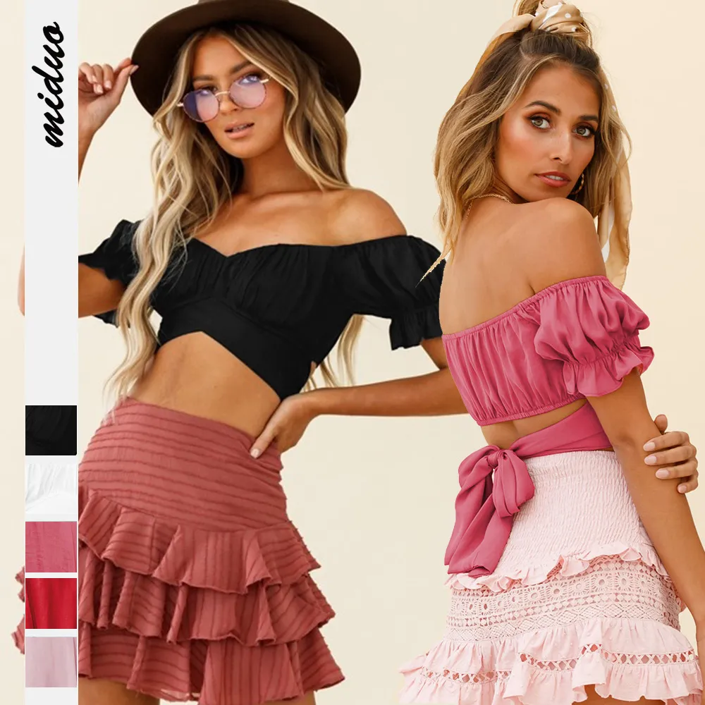 Off Shoulder Crop Top Kvinnor Sommar Ruffle Blus Puff Sleeve Solid Färg Sexig V-Neck Bowknot Bandage Lace Up Sweet Short T-shirt