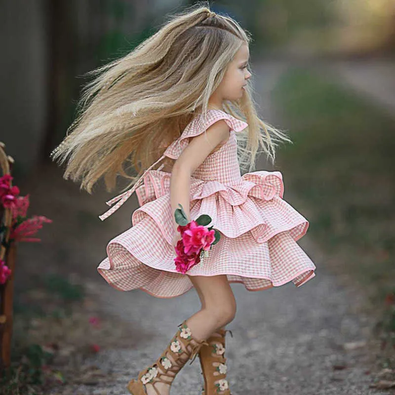 아기 소녀 파티 드레스 프릴 슬리 베 그물 무늬 인쇄 연꽃 잎 사랑스러운 공주 드레스 어린이 귀여운 의상 2021New 여름 Q0716