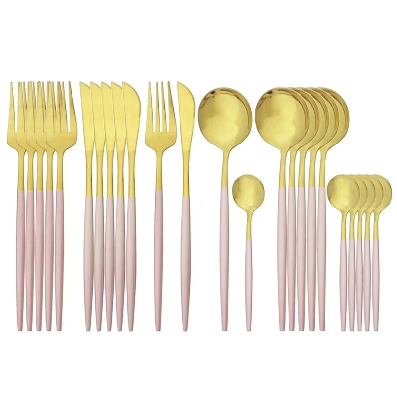 Rosa guld bestick set rostfritt stål dinnerware 24pcs kniv gafflar kaffe skedar bestick kök middag porslin 211023