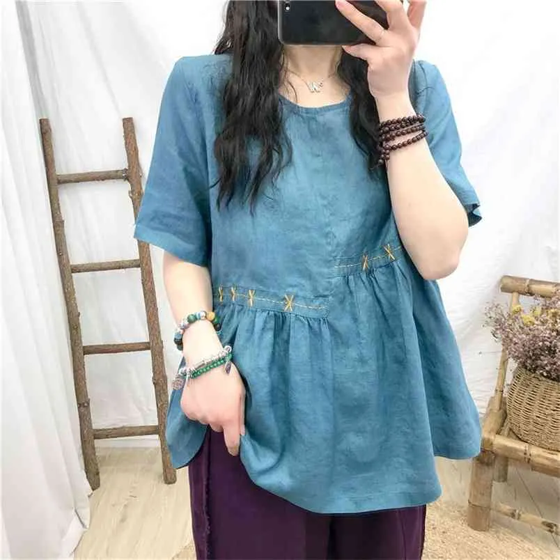 Summer Arts Style Women Short Sleeve Loose Casual O-neck T-shirt Cotton Linen Embroidery vintage Tee Shirt Femme Tops S942 210512