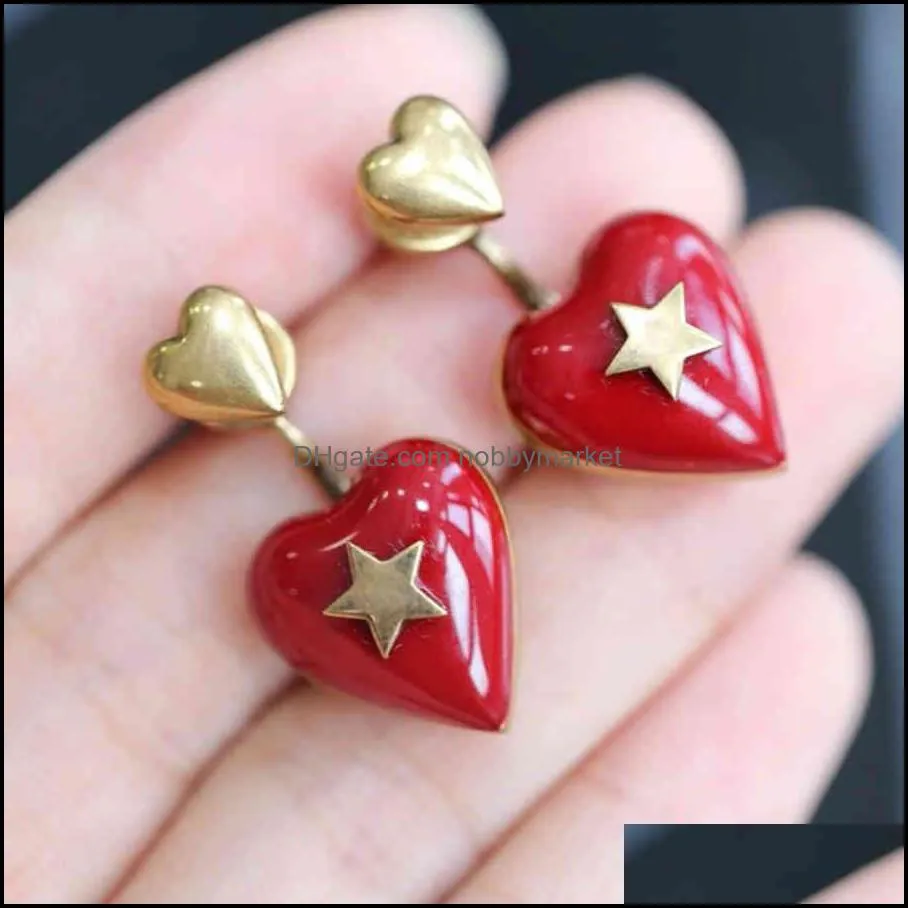 trendy luxury jewelry 1:1 red heart earrings for women gold stud ear accessories vintage star earring for lady decoration 210323