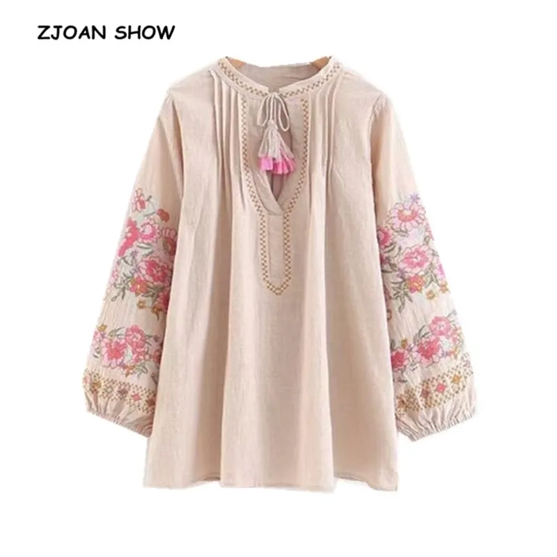 Ethnic Bow tie V neck pink Flower Embroidery Shirt Vintage Woman Stream Tassel Pleated Shoulder Long Sleeve Loose Blouse Tops 210429