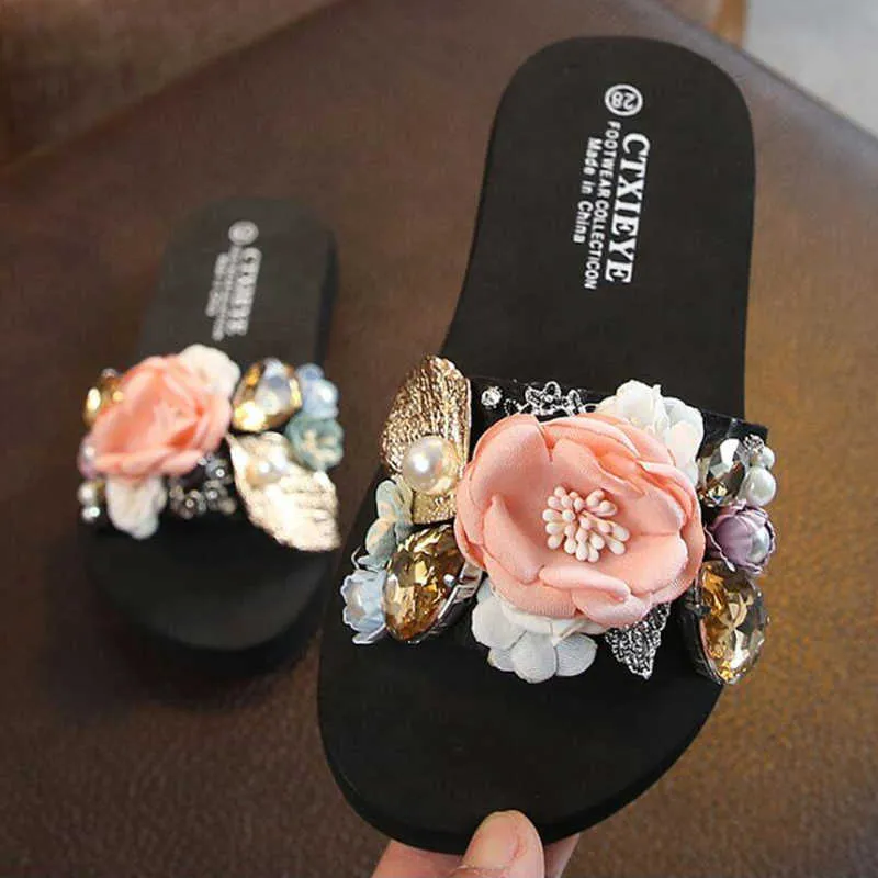 flower Slippers Kids for Girls Beach Sandals Summer Baby Flat House Flip Flop Children Non-slip Home Casual Shoes b258 210712