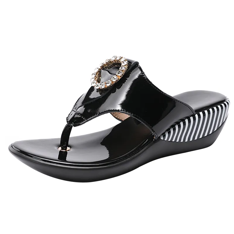 여성 신발 여름 정품 가죽 비치 샌들 웨지 플랫폼 슬리퍼 플립 플롭 슬리퍼 착용 큰 크기