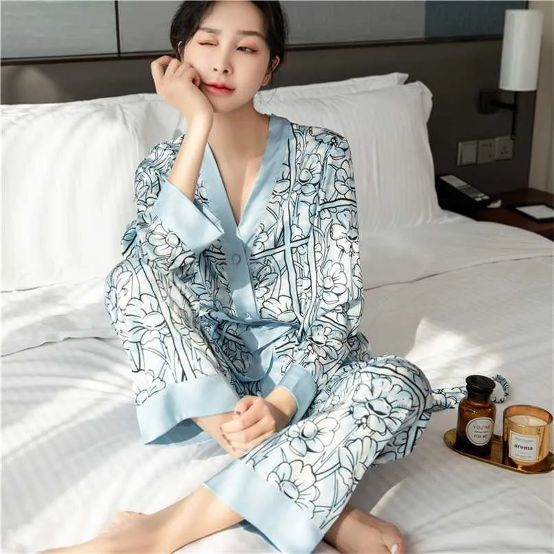 Spring and Autumn Fashion Ice Silk Home Clothes Long Sleeve Trousers Pajamas Two-piece Suit Pyjamaswomen Sleepwear Set 211105